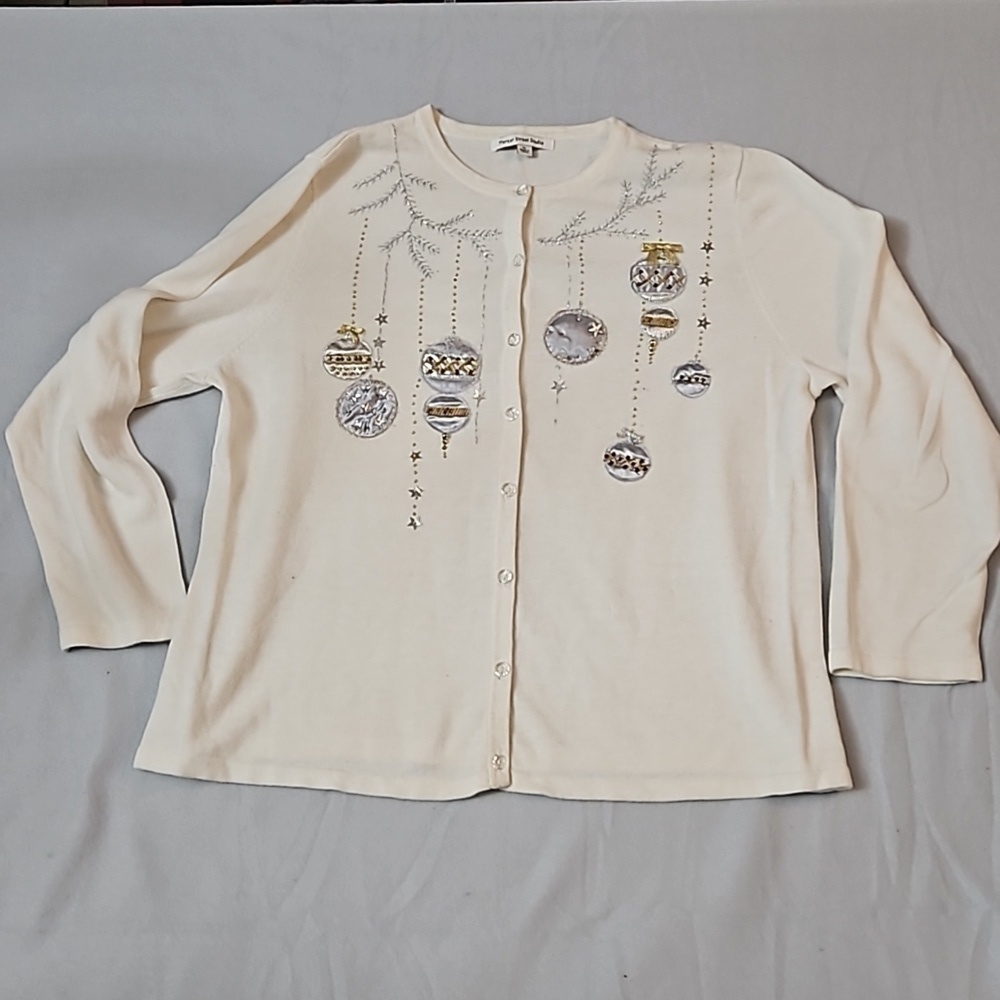 Mercer Street Studio Holiday Sweater sz XL Cream Gold & Silver Ornaments
